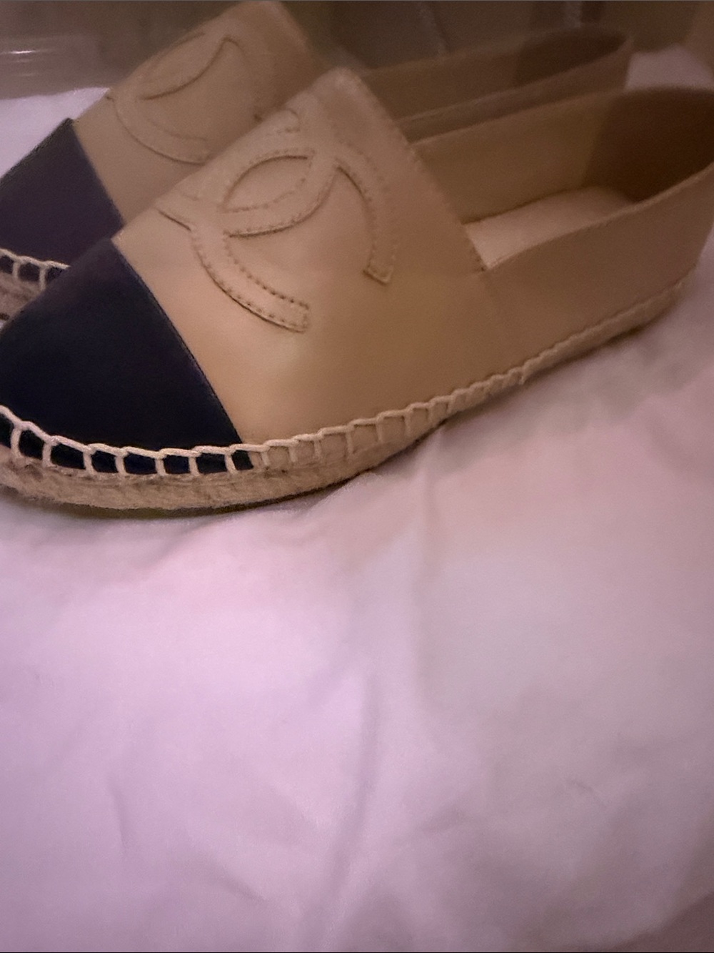 Beige and Black Espadrille Flats with Logo Accent